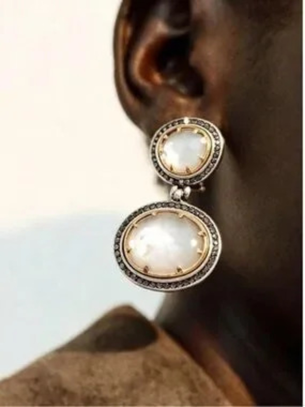 Double Drop White Stone Earrings with Gold and Silver Accents